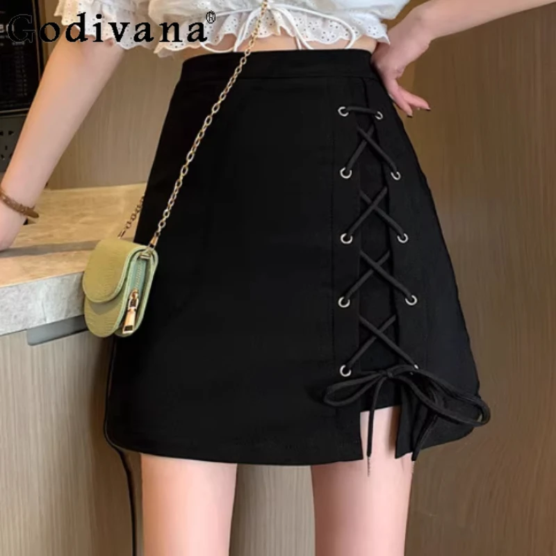 

Women Spring Autumn Plus Size Temperament Black Lace-up Irregular Split Skirt Fashion High Waist Versatile Age-reducing Skirts