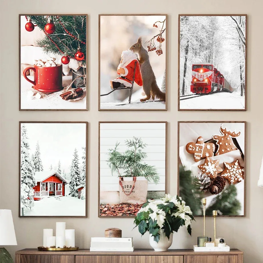 Wall Art Canvas Painting Christmas Tree Red House Squirrel Deer Posters And Prints Living Room Home Decoration Wall Pictures