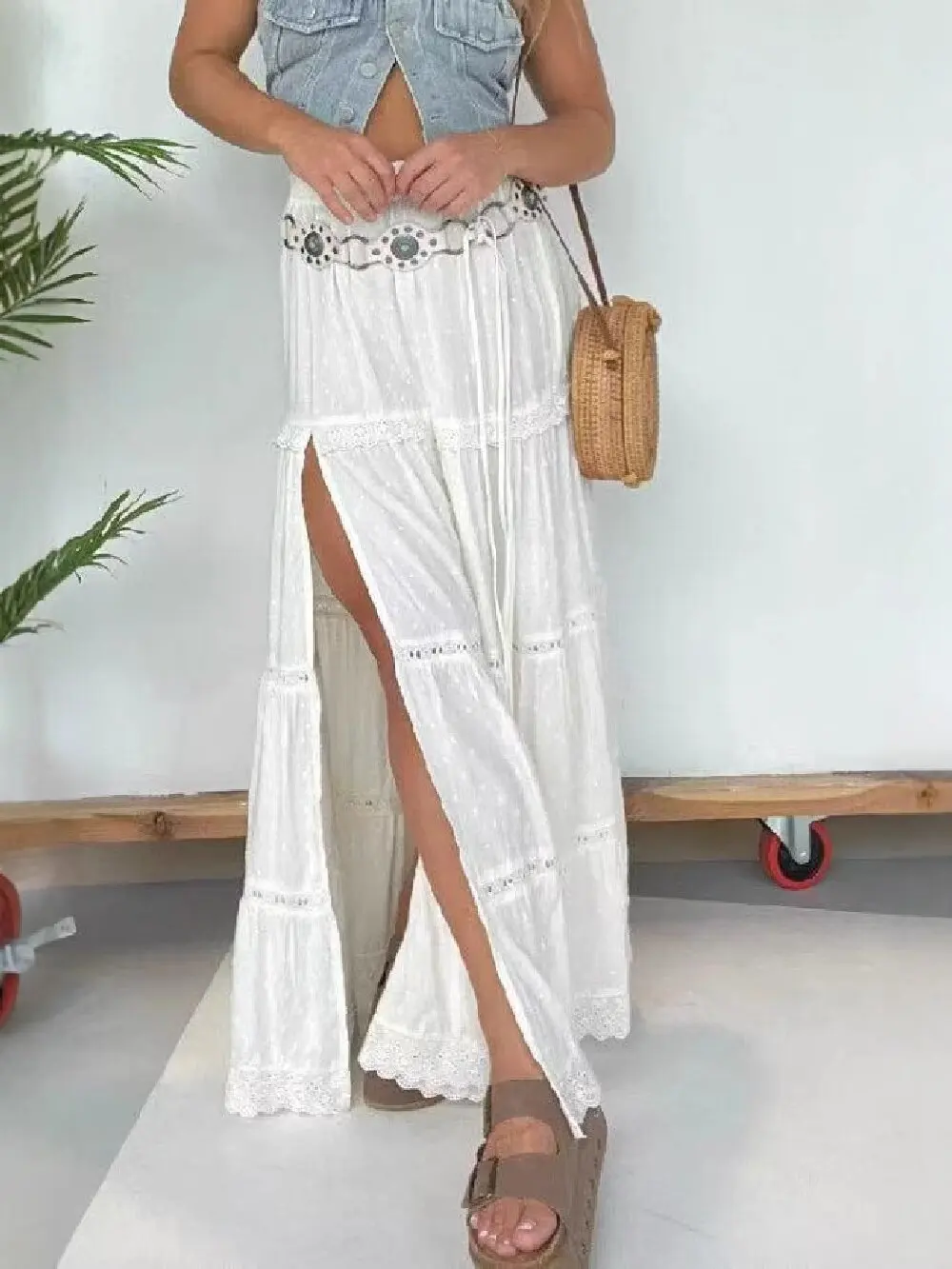 

Women's Summer Boho Beachwear Elastic High Waist Solid Color Side High Split Loose Fit Long Skirts Lace Patchwork Maxi Skir