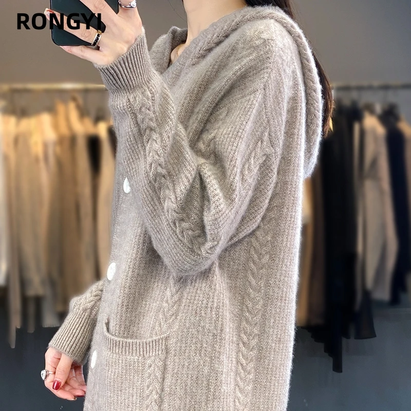 RONGYI 100% Wool Sweater Women\'s Autumn And Winter Long-sleeved Hooded Solid With A Pocket Loose Thick Bottoming Warm Shirt Top