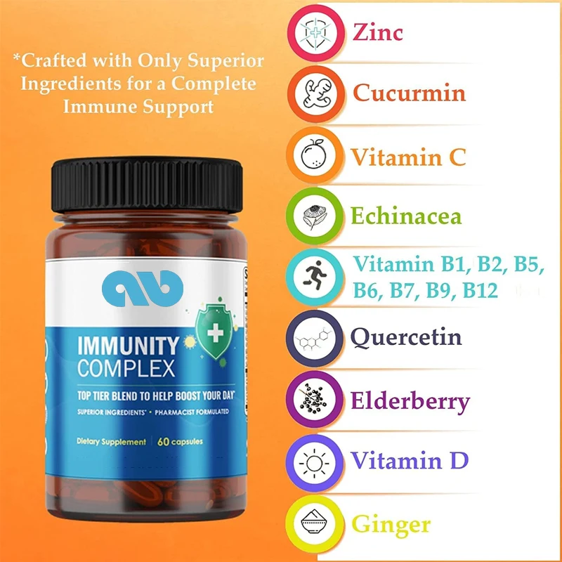 

Vitamin C, D, elderberry, echinacea, zinc, quercetin, curcumin, ginger, B-complex vitamin supplements, gluten free, gelatin free