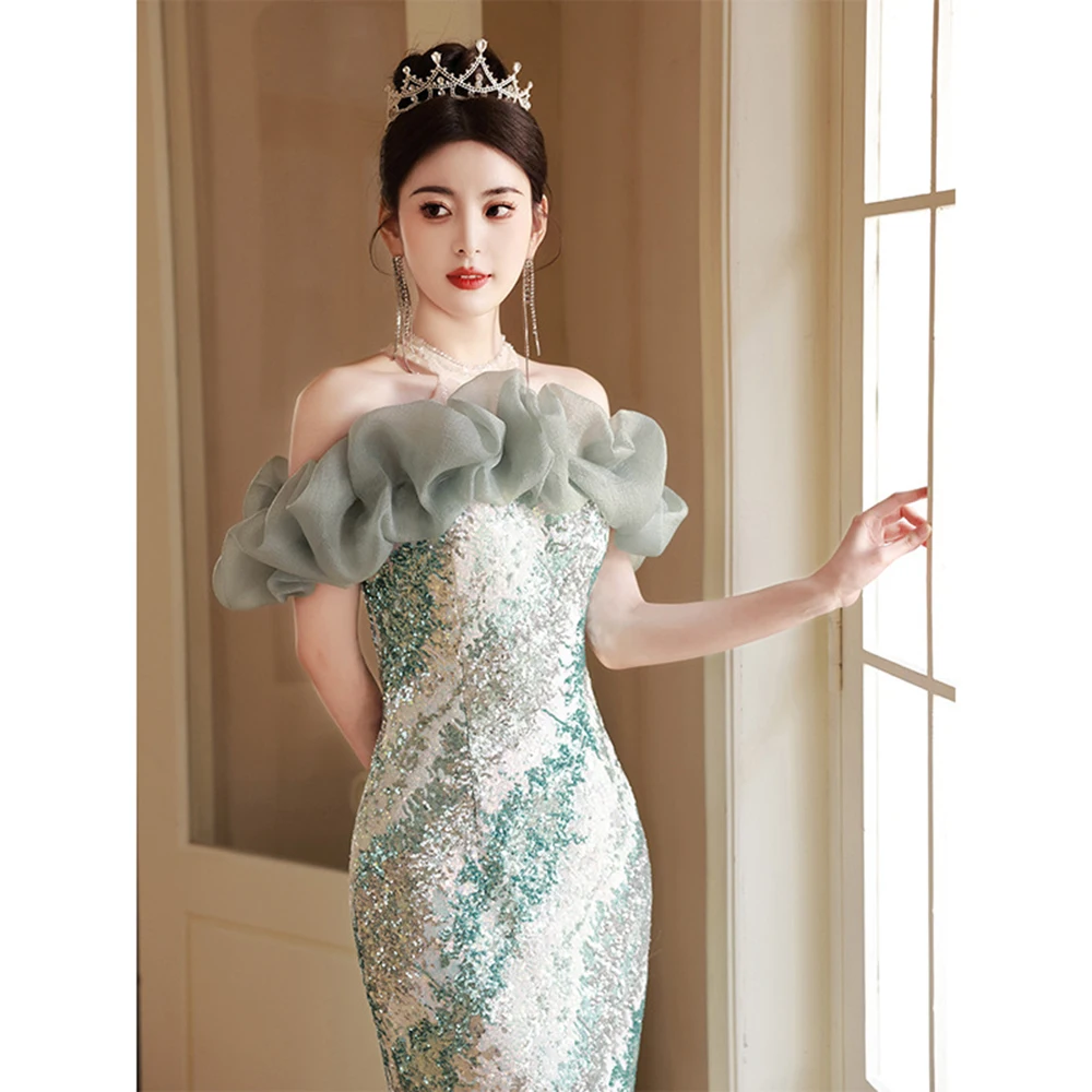 Luz francesa luxo brilhante lantejoulas vestidos elegante luz verde gradiente fishtail socialite vestido de baile fora do ombro longo