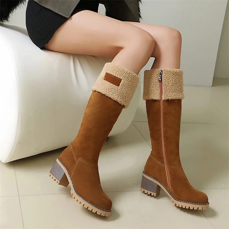 YMECHIC Warm Plush Mid-calf Snow Boots Ladies Chunky Block Heels Faux Suede Lamb Wool Round Toe Party Women Shoes 2025 Winter