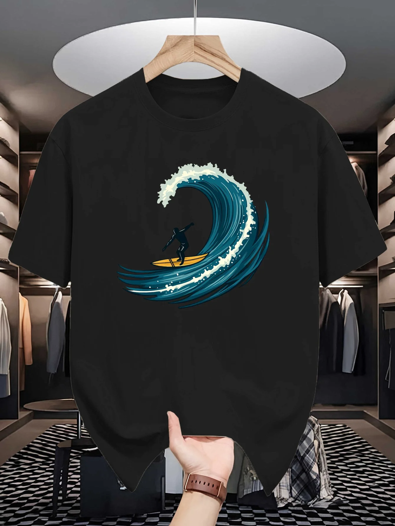 Male Yellow Round Neck T Shirt Vintage Curly Ocean Wave Surfer On Board Print Tropical Seaside Surfing Light Cotton Daily Tees