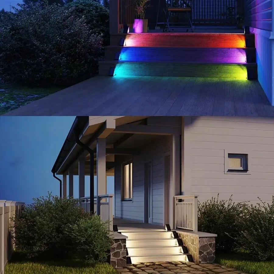 Confezione da 4-2 luci solari per esterni impermeabili bianco caldo e 7 colori RGB IP65 LED luci ad energia solare Decor per scale Deck