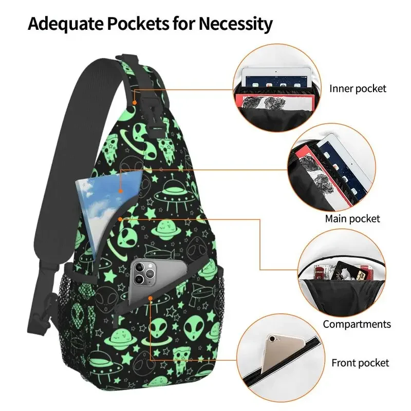 Nave Espacial Masculina Casual e Alienígenas Mochila Crossbody Sling, Bolsa Peito de Ombro para Acampar, Biking, Sling, Exploração de Galáxias