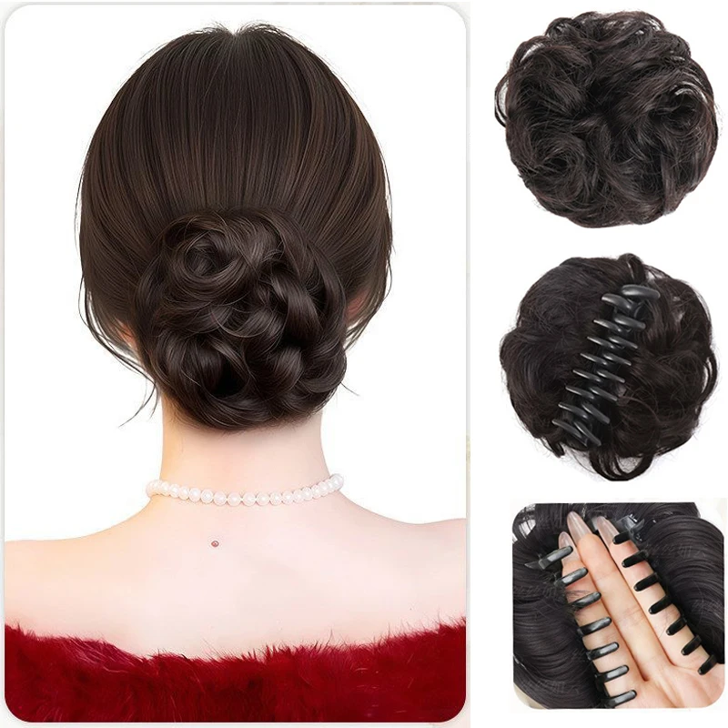 Womens Synthetic Chignon  Wavy Curly Messy Bun Claw Clip in Hair Piece Ponytail Extensions Scrunchie