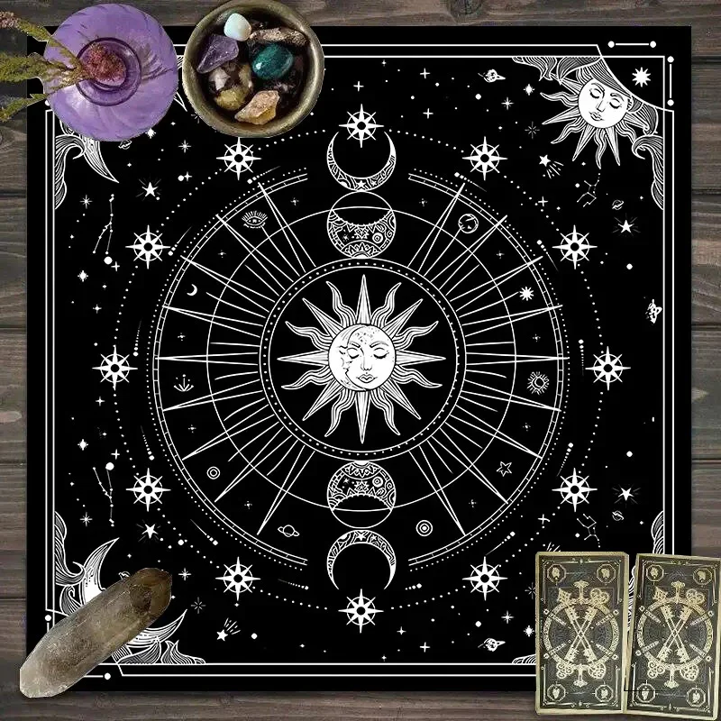 VIKAMA Zodiac Wheel Sun Moon Constellation Tarot Tablecloth Mystical Occult Altar Cloth Divination Mat Durable Home Decor