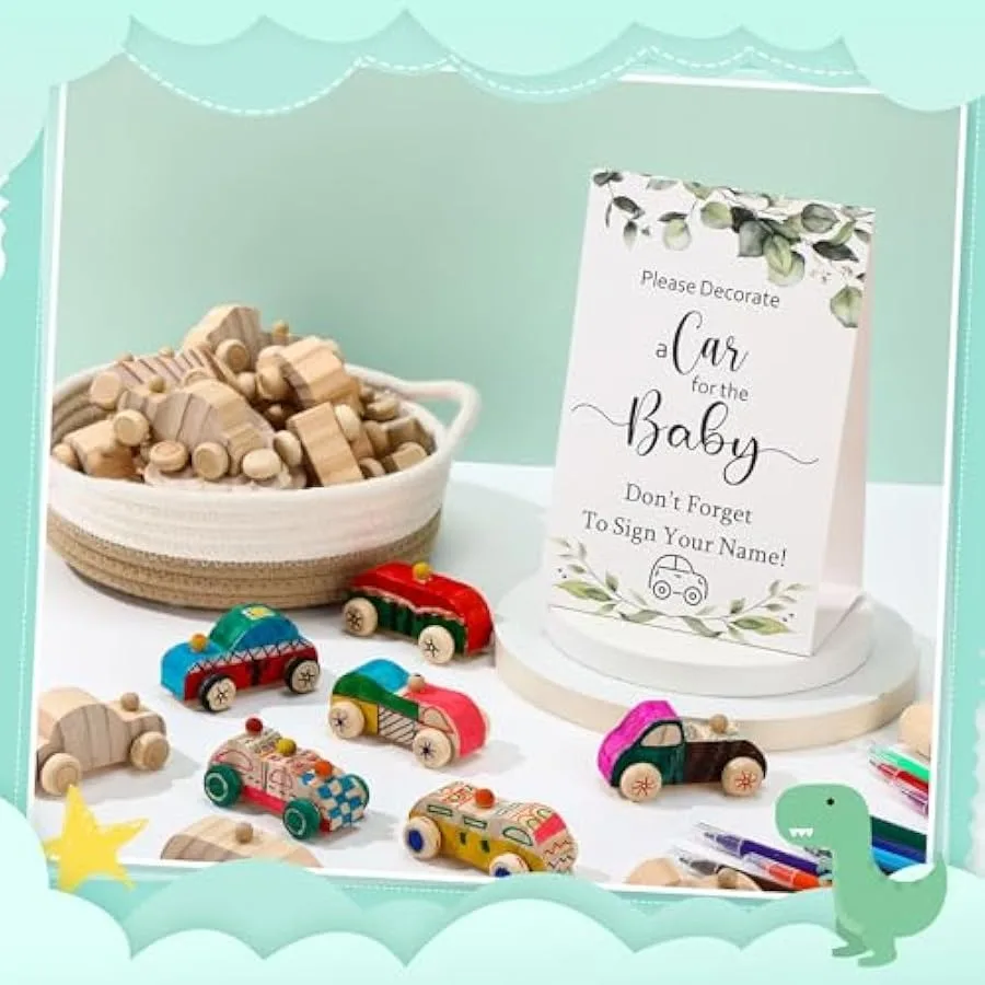 WinnerWhy 45 stuks houten doe-het-zelf autospeelgoed inclusief 32 onvoltooide houten autoblokken 12 markers en babyshowerspelbord voor babyshower