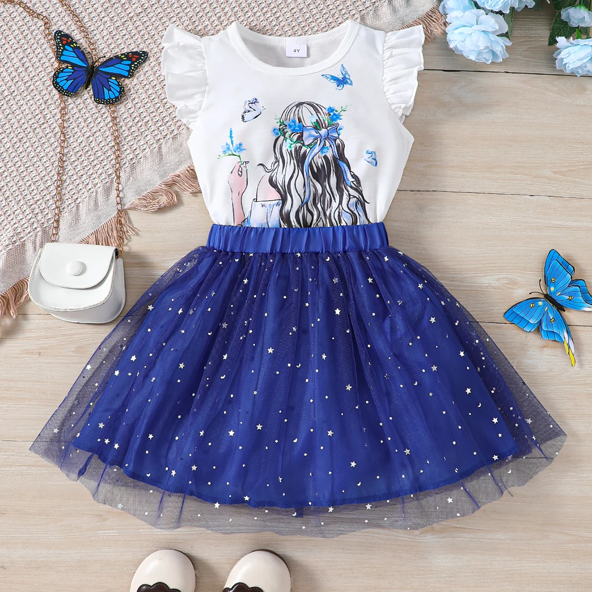 2PCS Summer Girls Set Round Neck Short Sleeve Comic Image Butterfly Pattern Top Decorated With Gauze Skirt Fashionable Kids