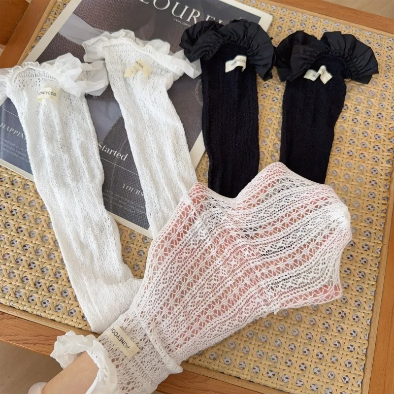 1-2Pairs JK جوارب بيضاء للنساء لوليتا نمط الدانتيل تقليم منتصف العجل جوارب تنفس الصيف رقيقة تكويم المدرسة الجوارب الطويلة