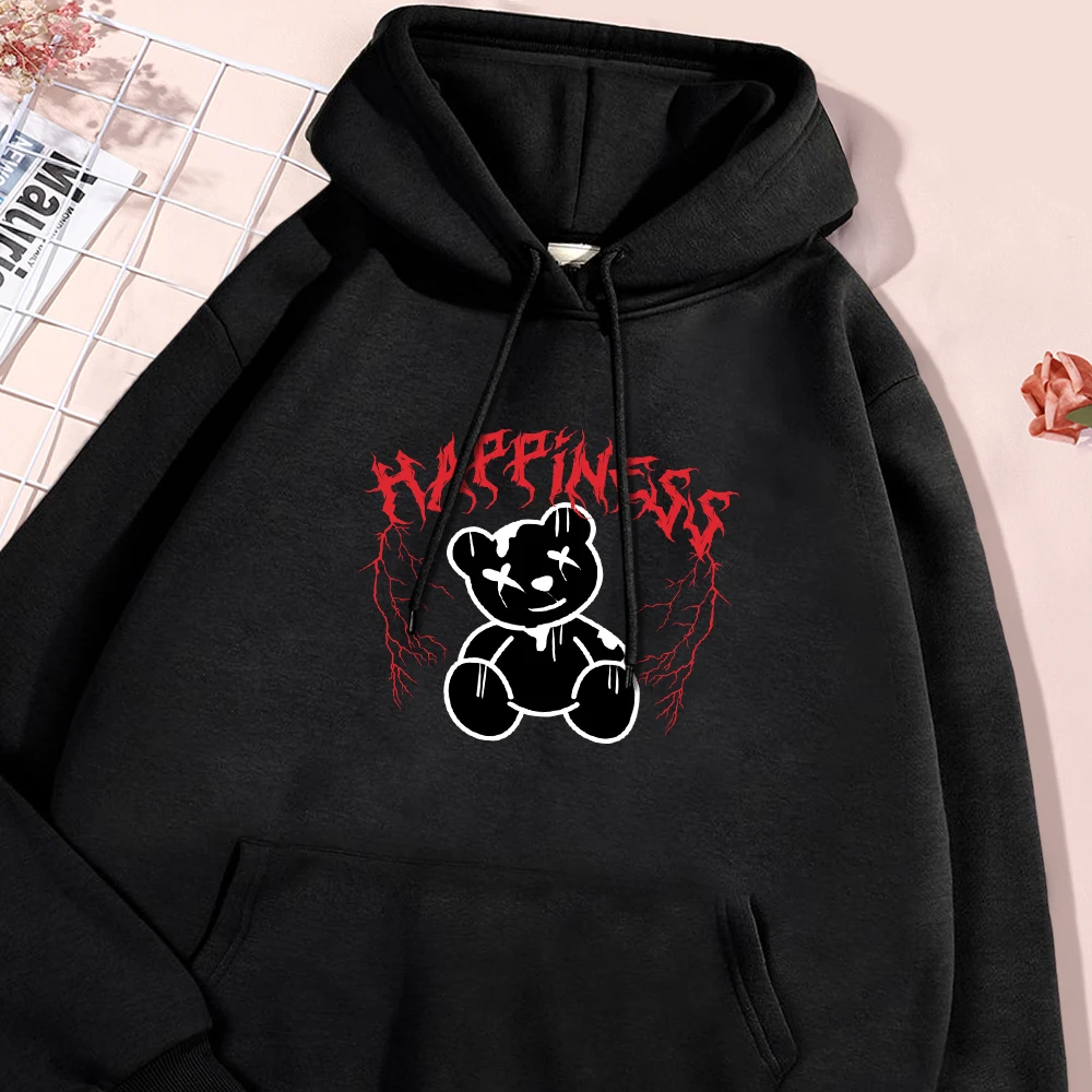 Gothic Bear Print Male Hoodies Casual Loose Warm Fleece Hoodie 2024 Autumn Simple Oversize Pullover Leisurewear Men Tops