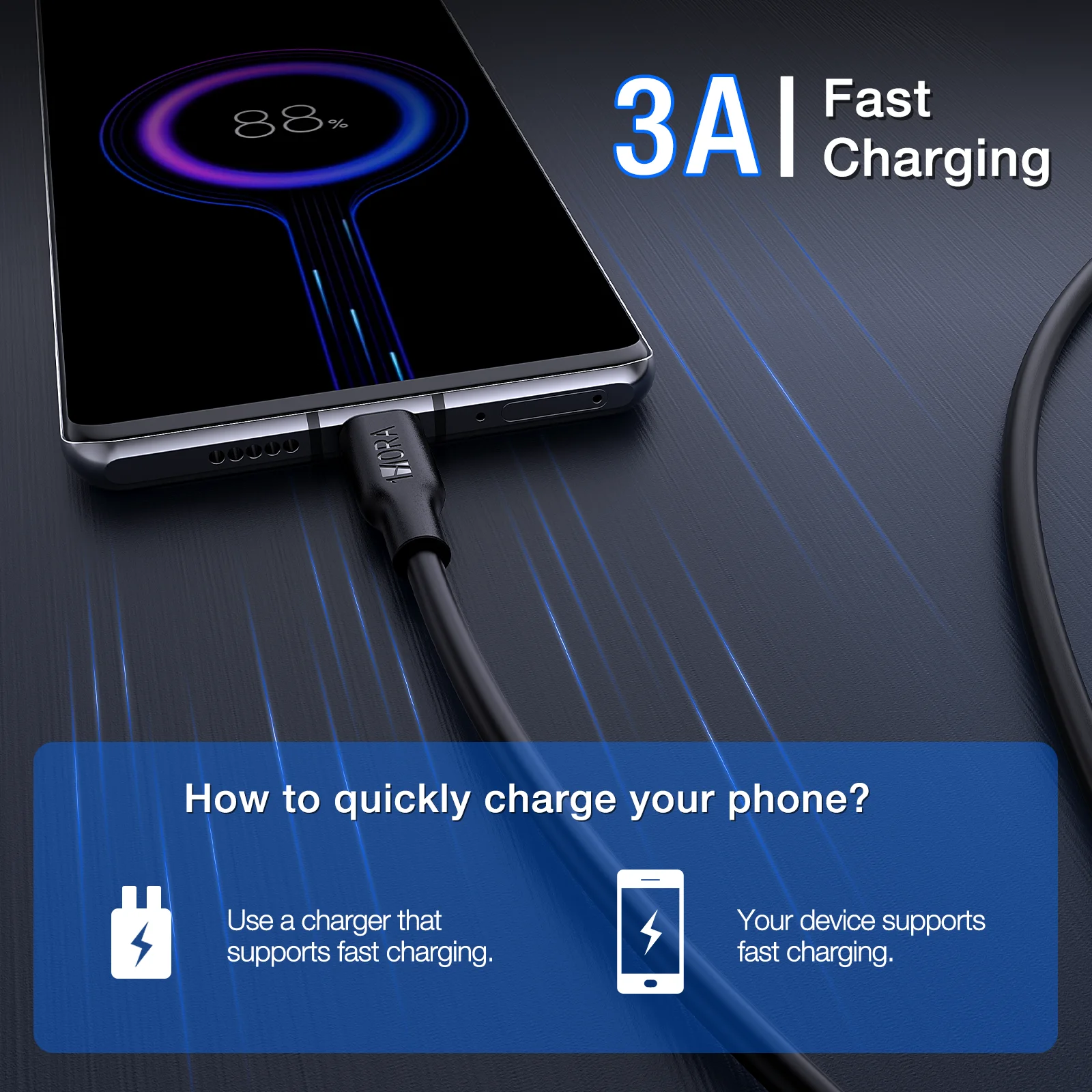 1HORA Data Cable 3A USB Type C Fast Charging Cable 1M PVC Material Durable Type C Charging Cable For Tablet Samsung Android