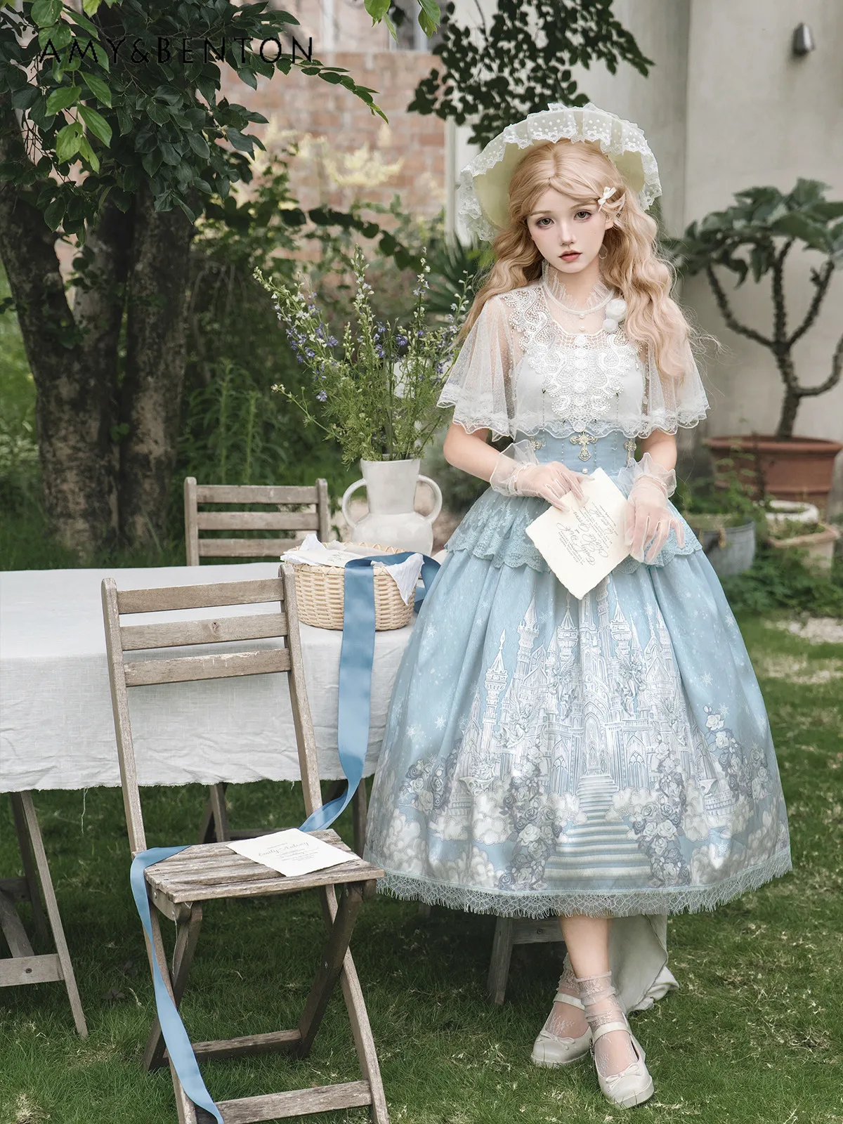 

2026 Summer New Fairy Elegant Women Blue Slim Camisole Top & Mid-length Castle Print Skirt with White Thin Cloak Lolita Set
