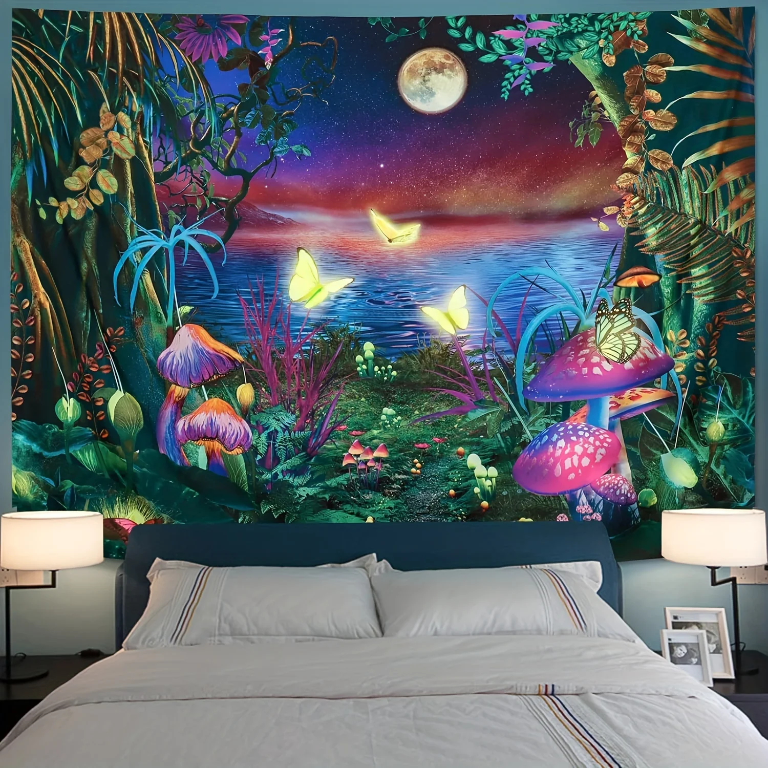 VIKAMA Glow In Dark Tapestry, Fantasy Forest Mushroom Butterfly Wall Hanging, Art Home Decor For Teen Dorm, Party, Gaming Room