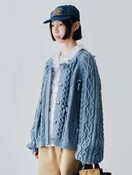 IMAKOKONI Original Design Autumn/Winter Long Sleeve Bow Cardigan Blue Sweater for women 244758