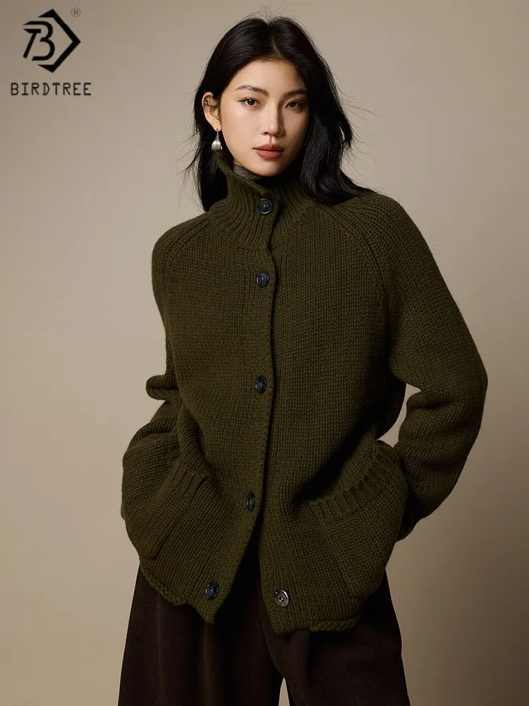 Birdtree,100% Sheep Wool Knitted Cardigan,Woman Solid Turtleneck Single Breasted Commuting Sweater,2025 Autumn Coat T5O636JF