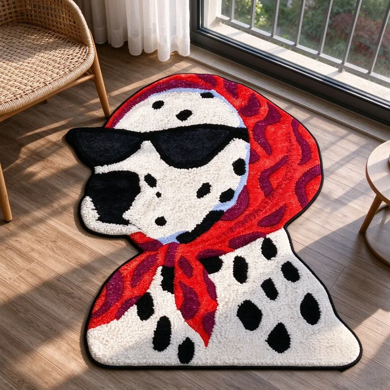 Cool Dalmatian Shaped Rug Creative Decorative Carpet for Entryway Cartoon Spot Dog with Sunglasses & Headscarf Soft Washable Mat