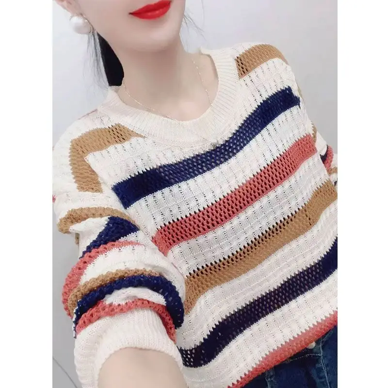 Women's Spring Autumn Fashion and Elegant Round Neck Pullover Stripe Splice Style Versatile Long Sleeve Loose Sweater Knit Tops