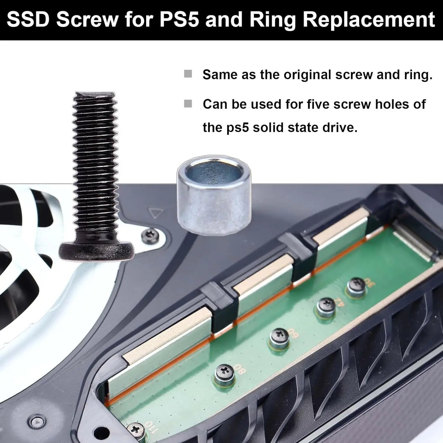 1Pcs SSD Screw for PS5 and 1Pcs Ring Replacement for Sony DualSense 5 Console Solid State Drive