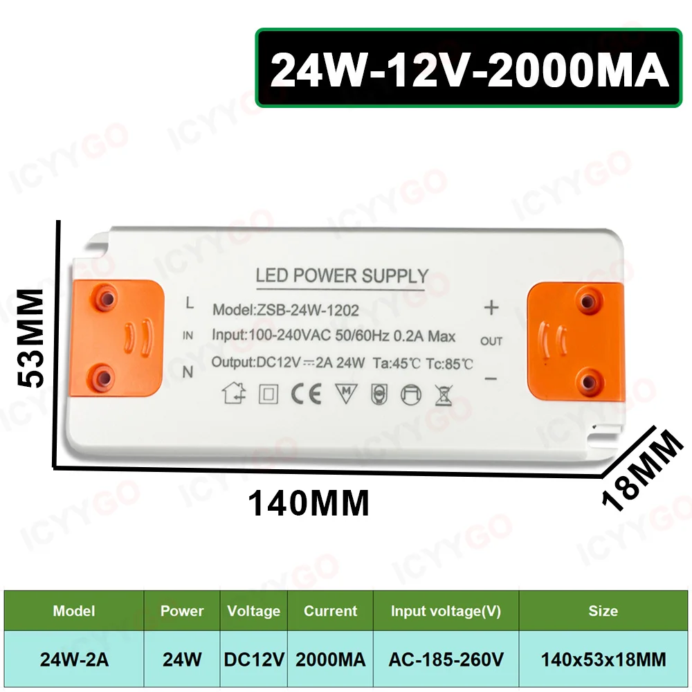 LED-voeding DC12V 12W 18W 24W 36W 60W 120W Verlichtingstransformator LED-voeding 1A 1,5A 2A 5A 10A voor LED-lichtstrip