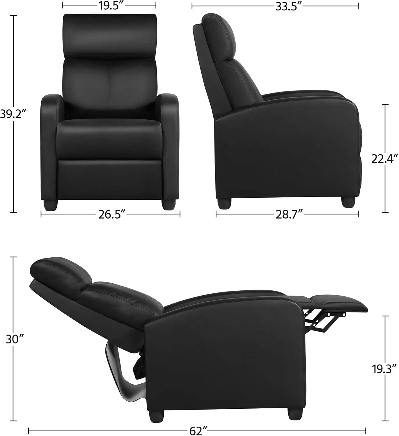 Silla de 2 asientos Sofá reclinable de cuero Sofá chaise moderno Sofá tumbona para sala de estar Cine en casa Negro