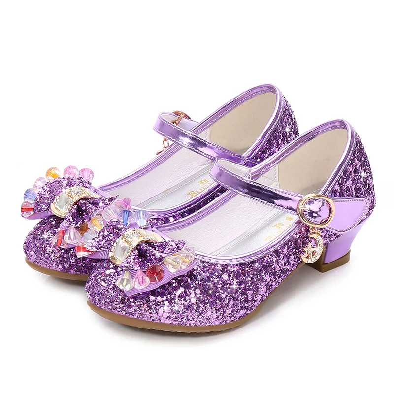 Princess Kids Leather Shoes For Girls Flower Casual Glitter Children High Heel Girls Shoes Butterfly Knot Blue Pink Silver