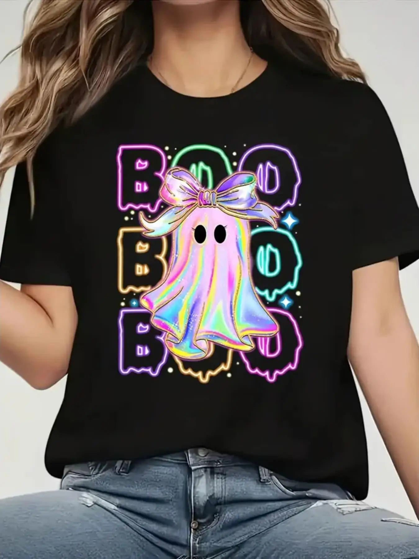 Women's T Shirt with Neon Ghost Bow Graphic Print Short Sleeve Crew Neck T-shirt Casual Funny Outfit Tops Clothes Female 90s Y2k
