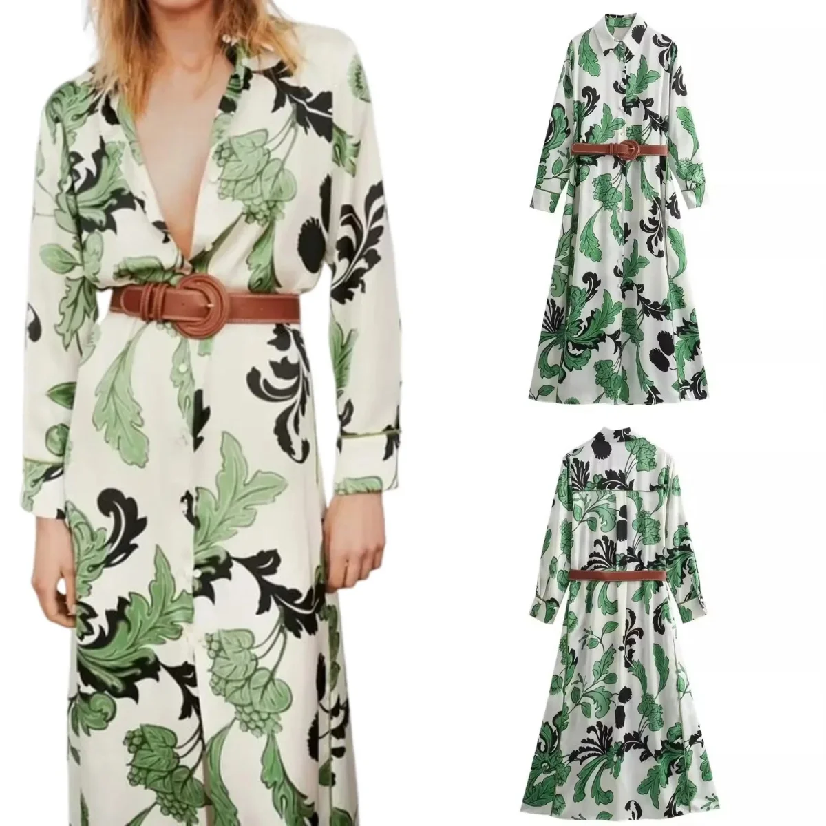 

2024 Summer Rustic Casual Temperament Floral Printed Lapel Dress Women's Elegant Belt Single Breasted Long Sleeve Dresses