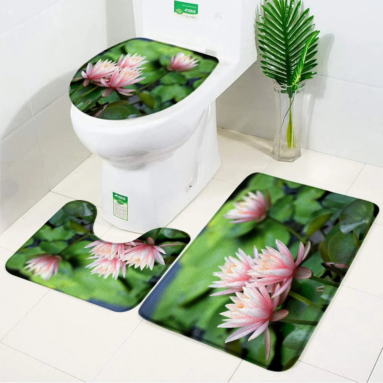 Floral Bath Mat Set Red Fresh Flower Field Garden Plant Living Room Bedroom Non-Slip Doormat Toilet Cover Carpet Bathroom Decor