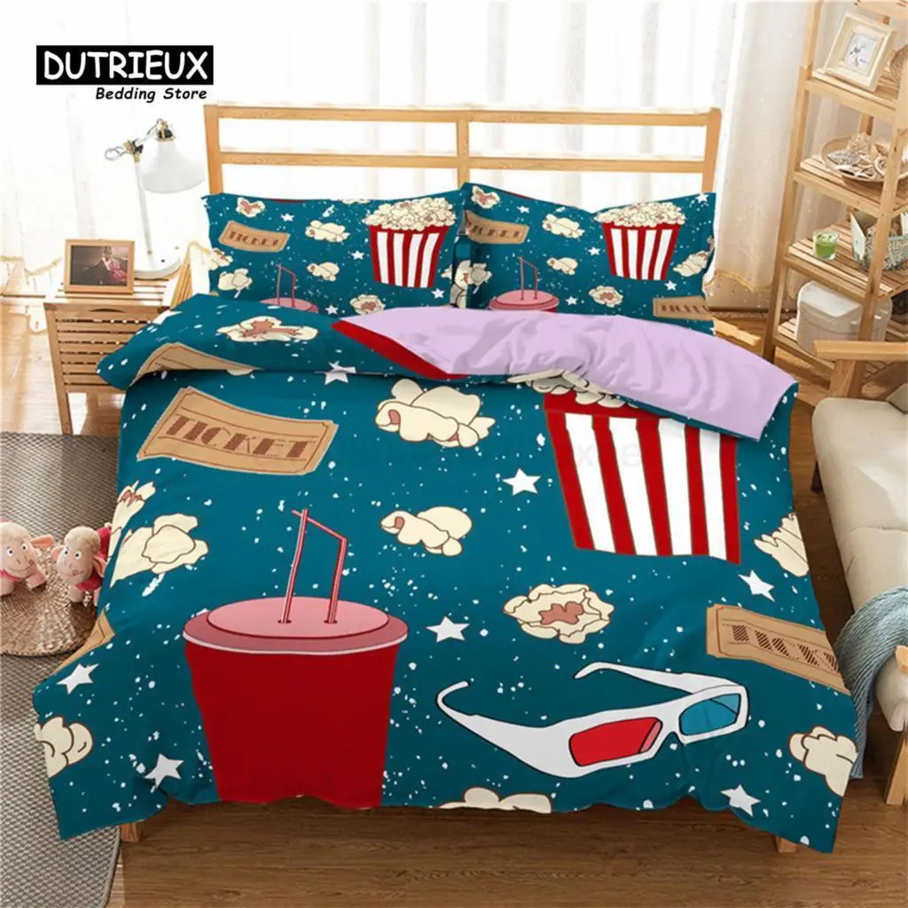 Popcorn Coke Food Duvet Cover Movie Theme Bedding Set For Kids Boys Girls Teens Microfiber Eggs Print Quilt Cover Bedroom Decor