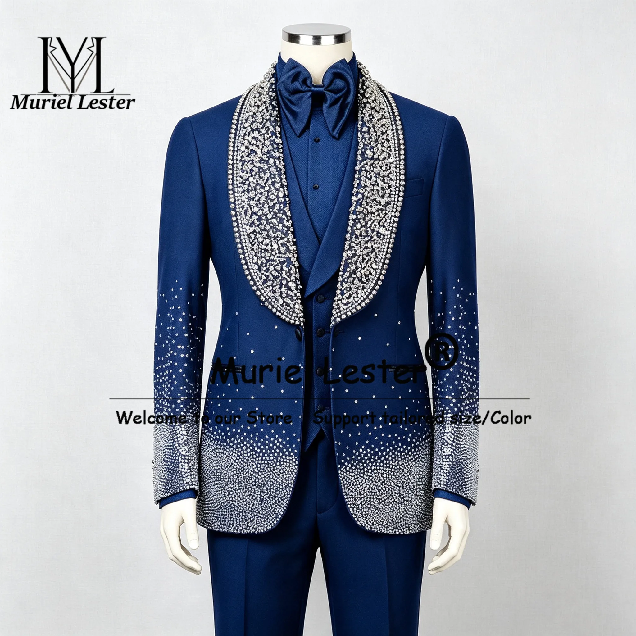 Glittery Rhinestones Beaded Suit Men 3 Piece Trajes Para Hombre Slim Fit Shawl Lapel Prom Blazer Customized Groom Wedding Tuxedo