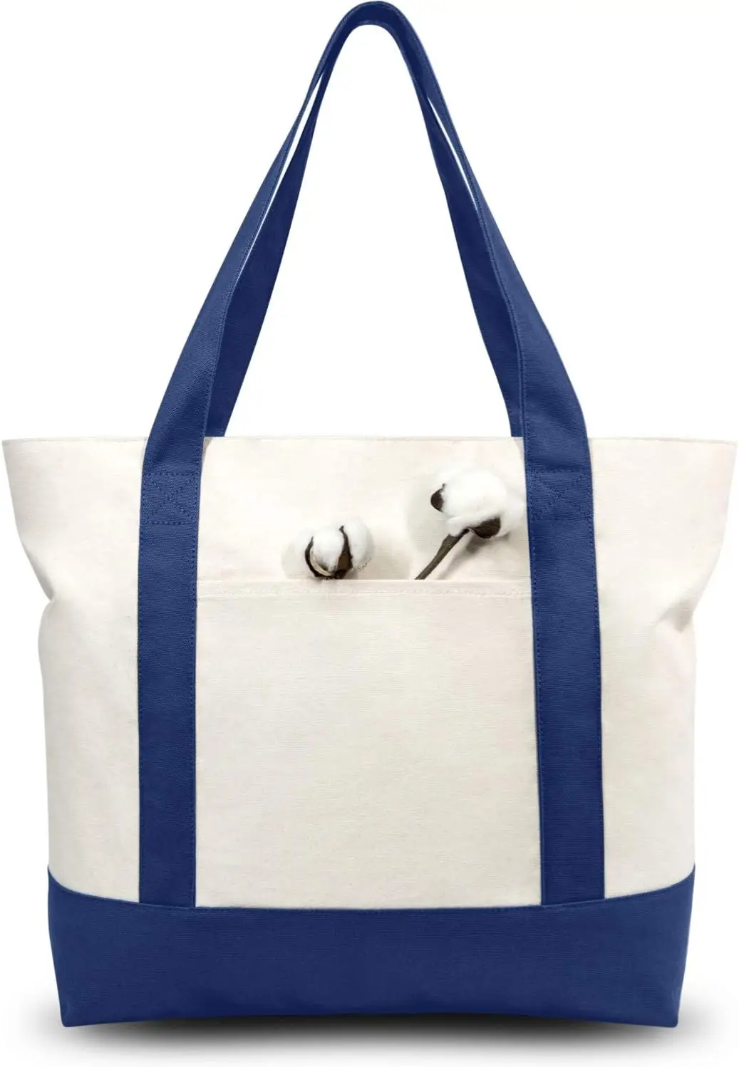 TOPDesign 30-Pack Stylish Canvas Tote Bag with an External Pocket, Top Zipper Closure, Daily Essentials (Blue/Natural)