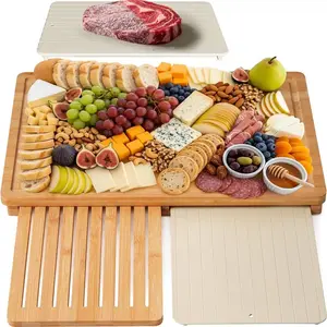 Bamboo Cutting Board Set with Defrosting Tray, Wood Cutting Boards for Kitchen with Deep Juice Grooves amp Builtin Organizer Mea
