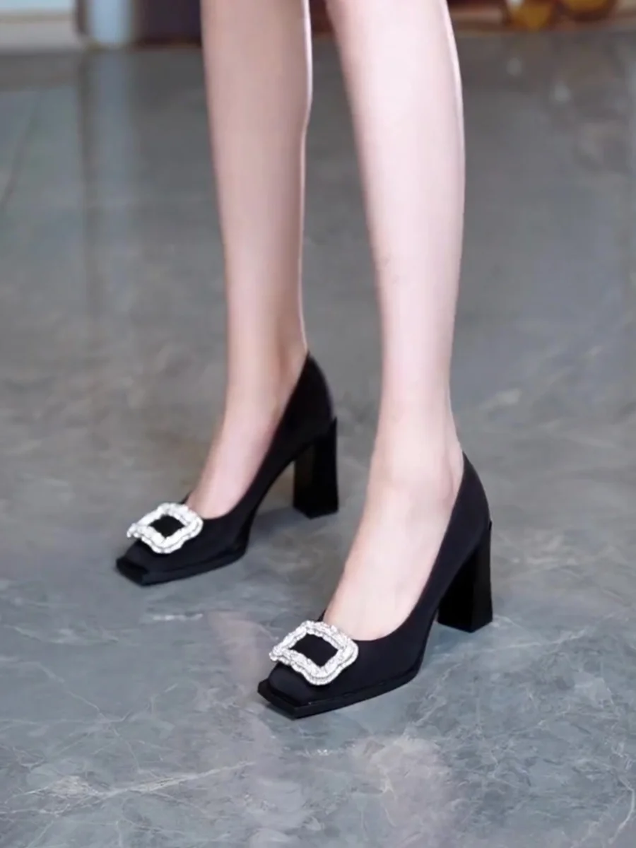 Fashionable High-End Rhinestone Buckle Chunky Heel Single Shoes Korean Style New Girl Square Head High Heels for Skirts Parties