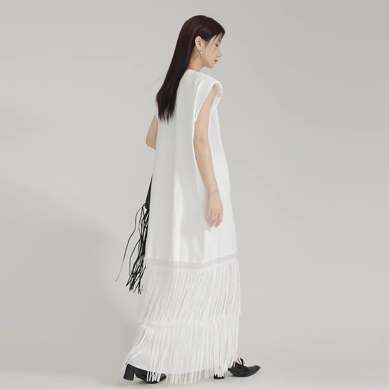 Tassel Edge Long Dress Black Women Summer 2024 Waterfall Fringe High-end Short-sleeved Slim White Clothing Personalized Street