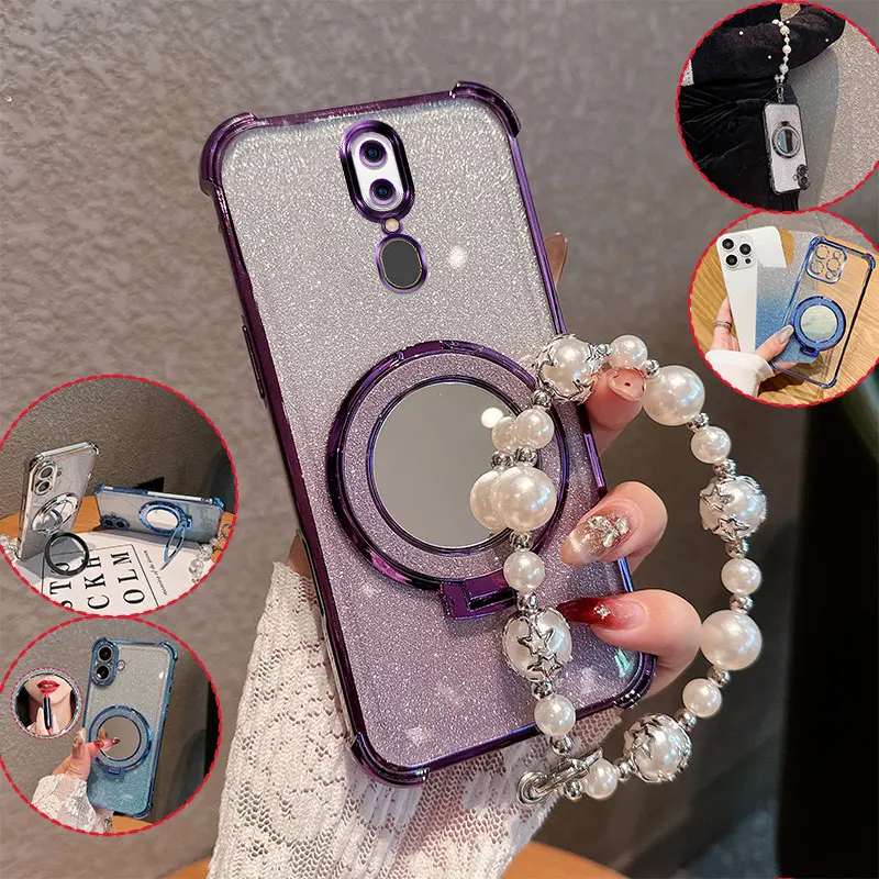 

Bling Glitter Lipstick Mirror Stand Phone Case For Oppo F11 F 11 Oppo11 4G A9 A9X With Pearl Chain Anti-drop Shockproof Cover