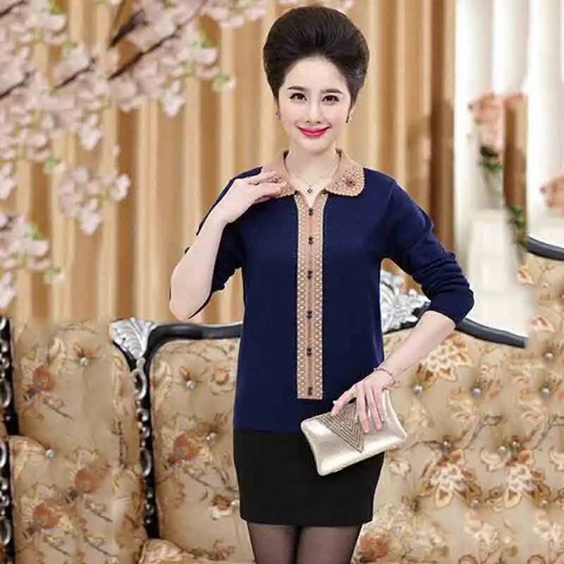 Women's Spring And Autumn Top Casual Loose Sweater Solid Color Long Sleeves Autumn Women's Diamond Knitted Lapel