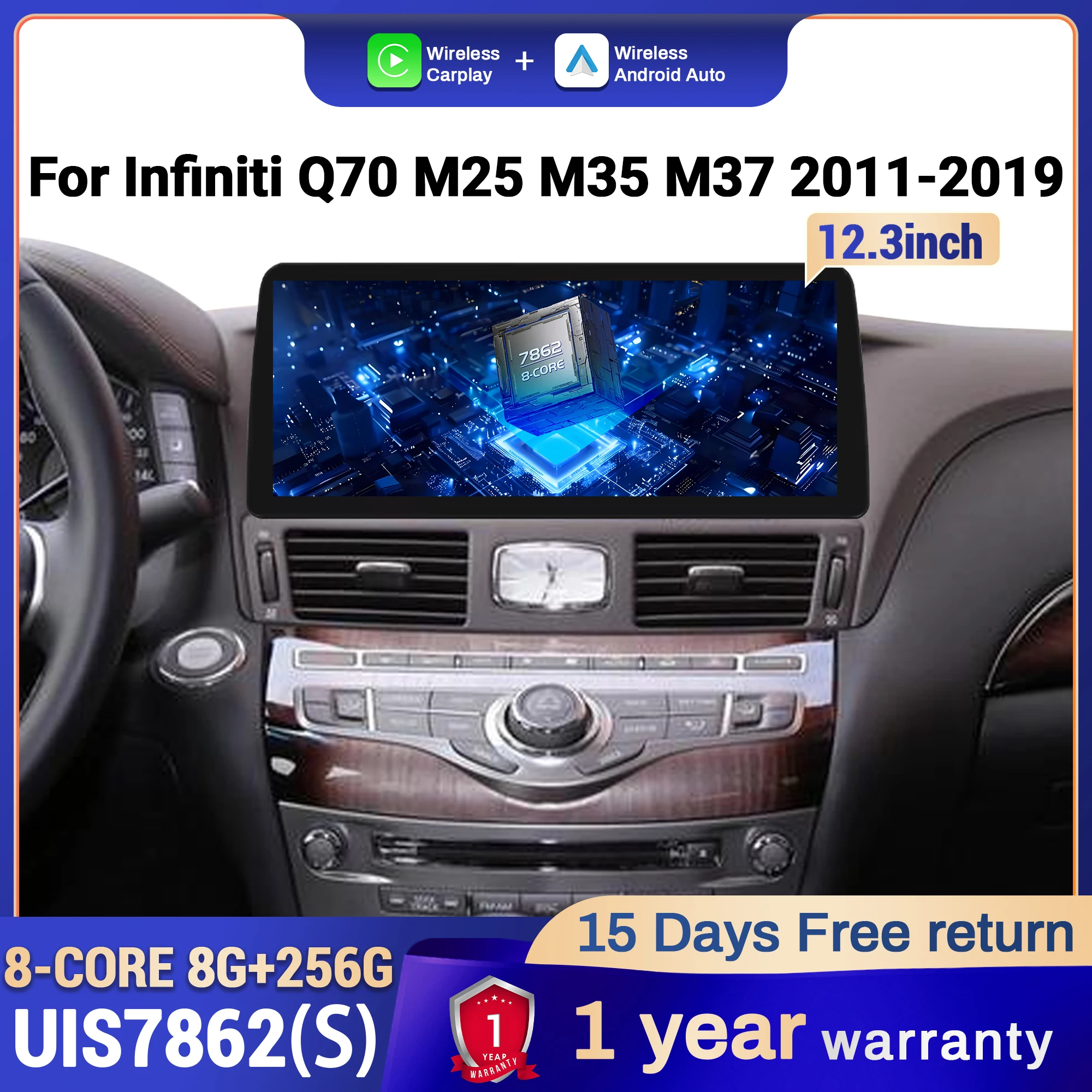 12.3 inch Android 14 Car Radio Multimedia For Infiniti Q70 M25 M35 M37 2011 2012 2013-2019 Wireless Bluetooth Carplay 4G Screen
