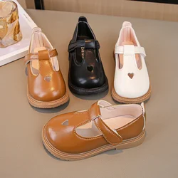 2024 Girls Princess Leather Shoes Toddlers Baby Kids Flats T-strap Cut-outs with Heart Hollow Cute Sweet Soft Spring Autumn New