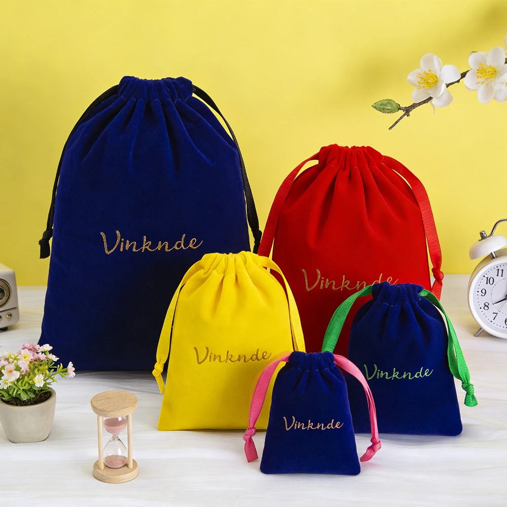 

50Pcs Navy Velvet Jewelry Packaging Bag Ribbon Drawstring Bags Custom Logo Earrings Rings Travel Wedding Gift Organizer Pouches