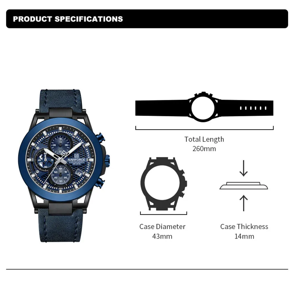 NAVIFORCE 8073 Orologio militare al quarzo da uomo Cinturino in pelle Cronografo Orologi sportivi Orologi da polso impermeabili Regalo per uomo Orologio