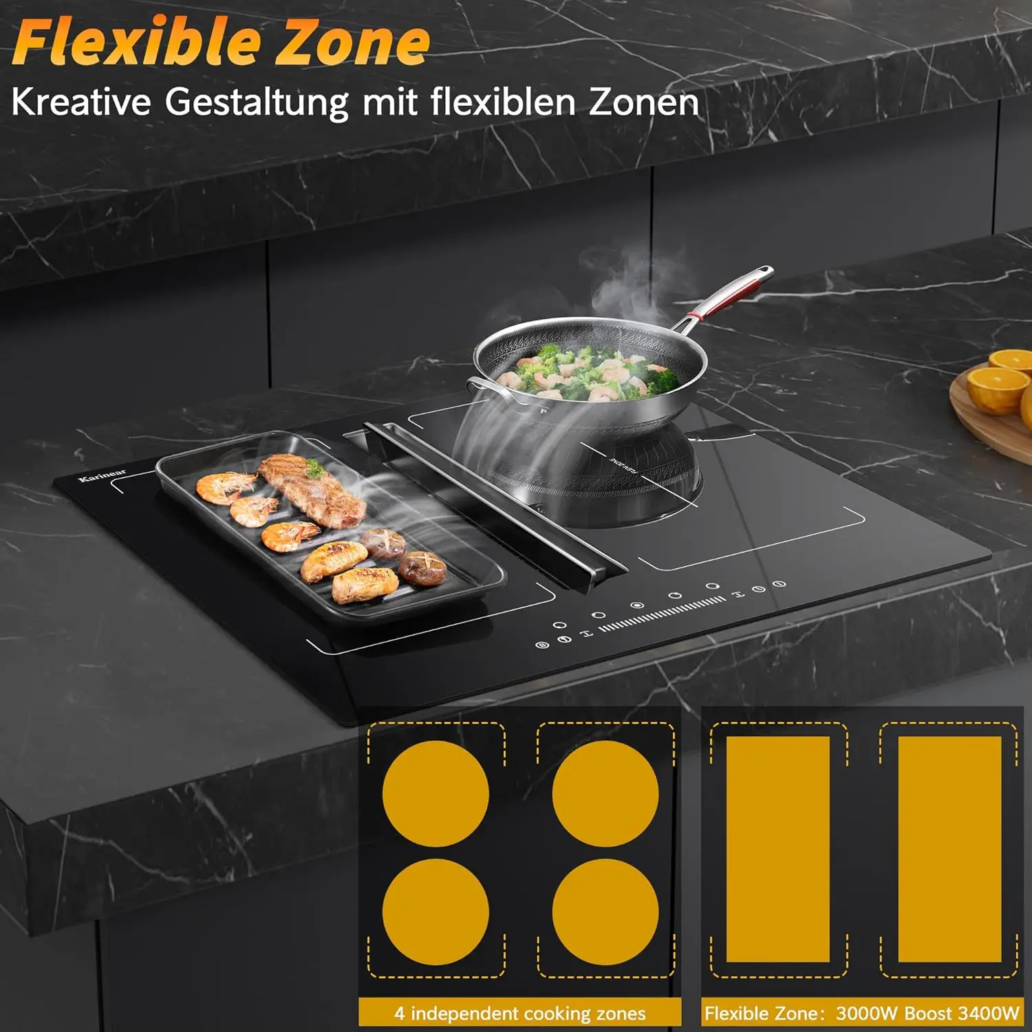 موقد Karinear التعريفي ذو 4 مناطق فليكس مع مستخرج (غطاء مستخرج 145 وات)، مدمج 60 سم، مؤقت، دفعة، توقف، 7200 وات، بدون قابس #3