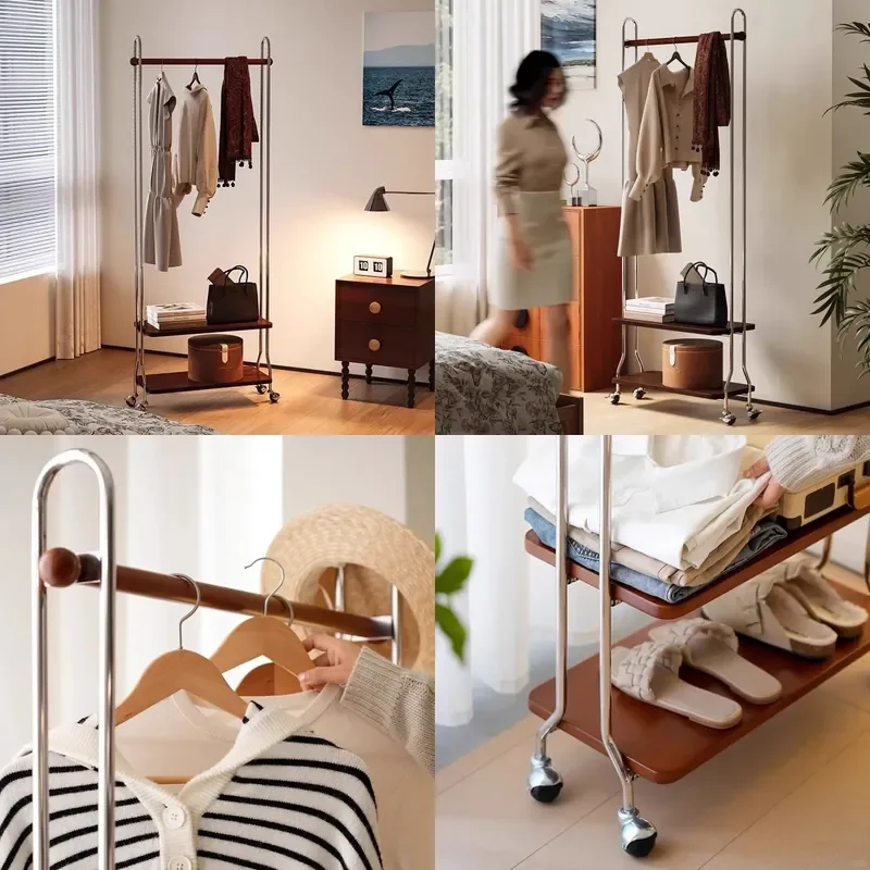 For Medieval Cream Style Solid Wood and Wrought Iron Coat Rack Floor Standing Clothes Hanger with Storage Shelf for Bedroom