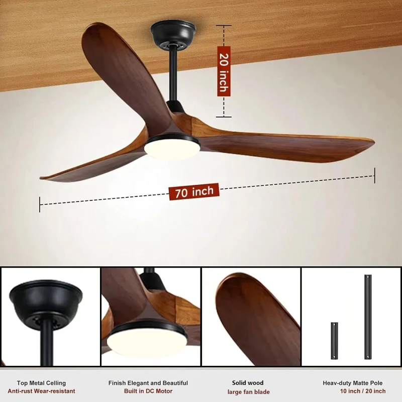 High Power DC Motor, Remote Control with Light, Living Room, Dining Room, 3 Blades, Solid Wood Propeller, 52 Inch Ceiling Fan