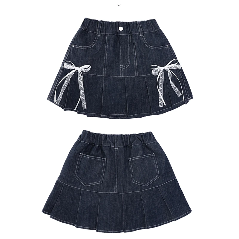 Kids Luxury Haute Couture Denim Skirt with Bow for Girls Elegant Pleated Skirt High Quality Children Fashion Brand Jeans Skirt 4