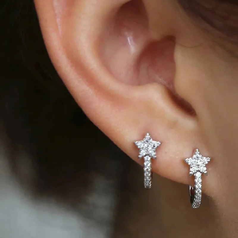 Huitan Fashion Star Hoop Earrings with Dazzling CZ Simple Stylish Ear Accessories for Women Silver Color Exquisite Girls Jewelry