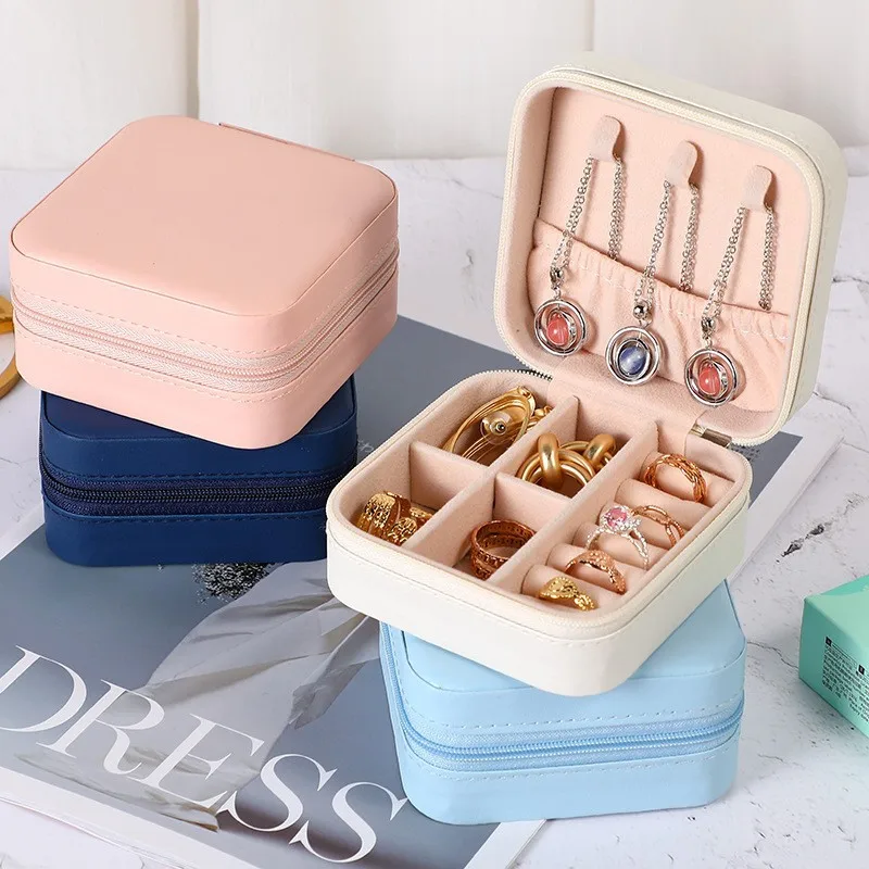 Mini Jewelry Organizer Display Travel Jewelry Zipper Case Boxes Earrings Necklace Ring Portable Jewelry Box Leather Storage