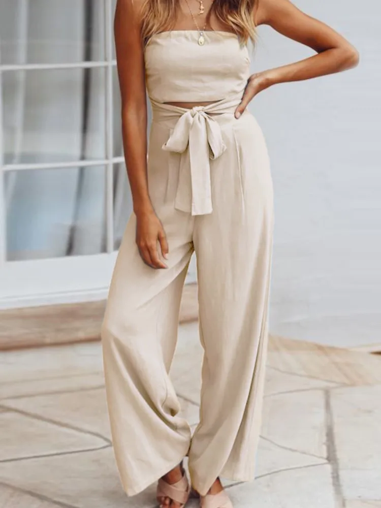 2025 Summer Lady Jumpsuit Casual Off Shoulder Sleeveless Large Size Cut Out Belted Wide Leg Rompers Women Jumpsuit