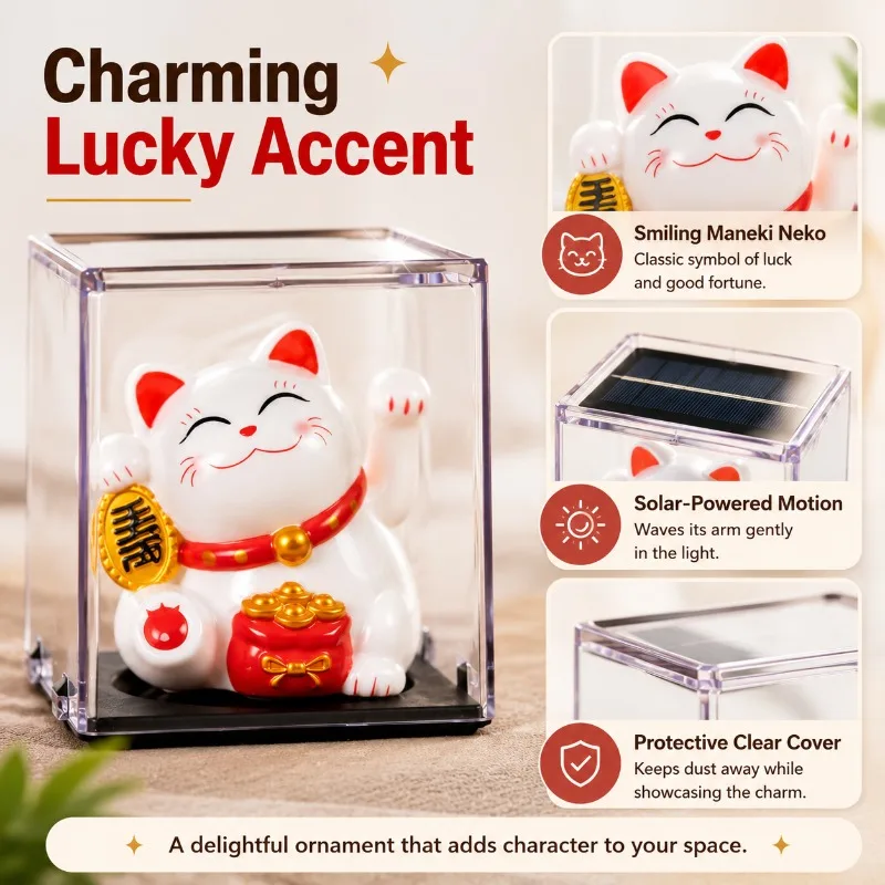 Mini Solar Lucky Cat Waving Arm Decor, Maneki Neko Feng Shui Style Ornament with Dust Cover for Car Dash Office Desk Shelf Gift